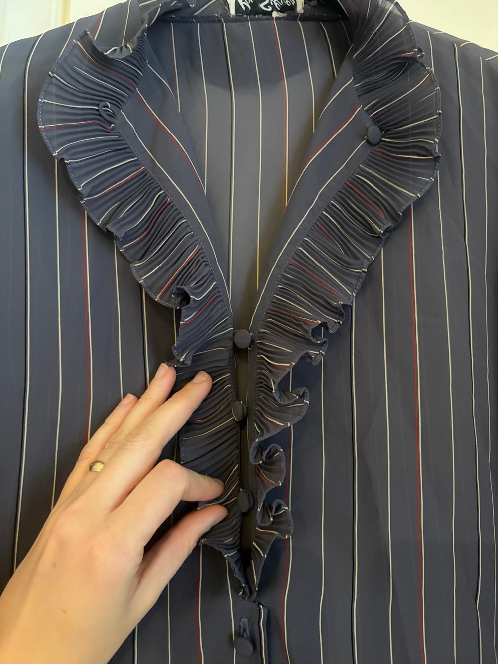 Vintage 70s Ruffle-Trim Navy Pinstripe Blouse - Picture 3 of 12